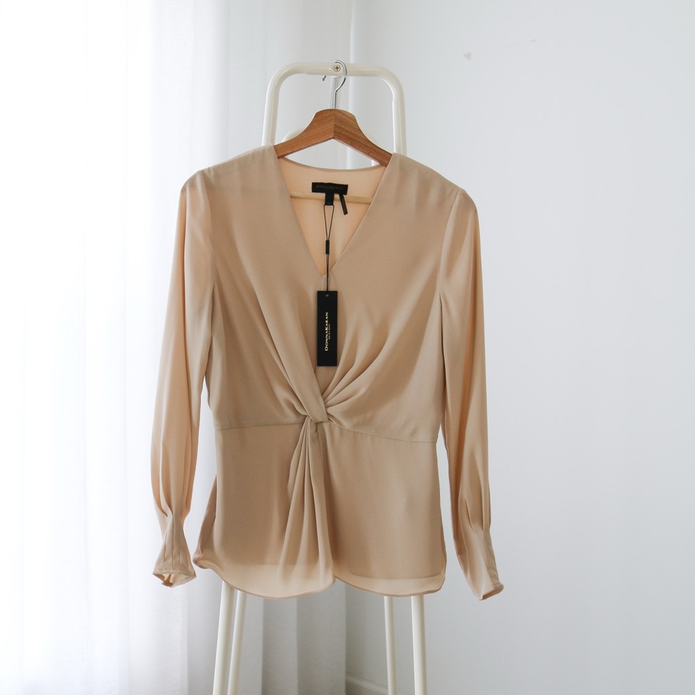 NWT Donna Karen Front Knit Twist Beige Blouse size XS